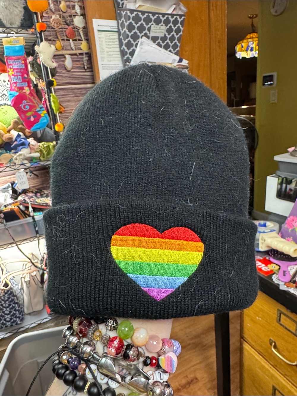 Black Beanie with Rainbow Heart Patch LGBTQ